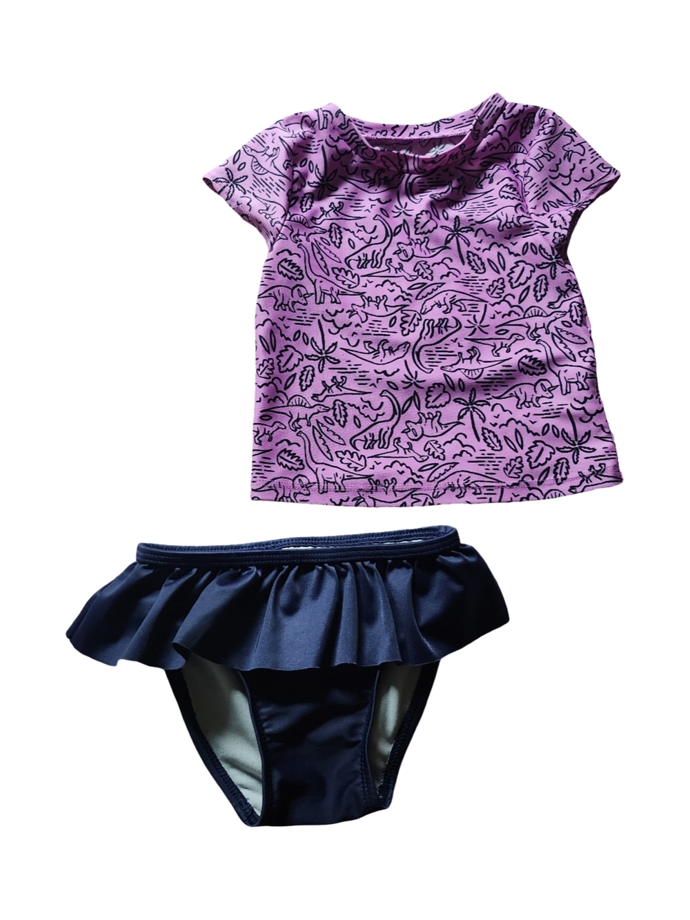 Cat & Jack Purple Printed Short-Sleeve Rash Guard with Navy Ruffle Swim Bottoms